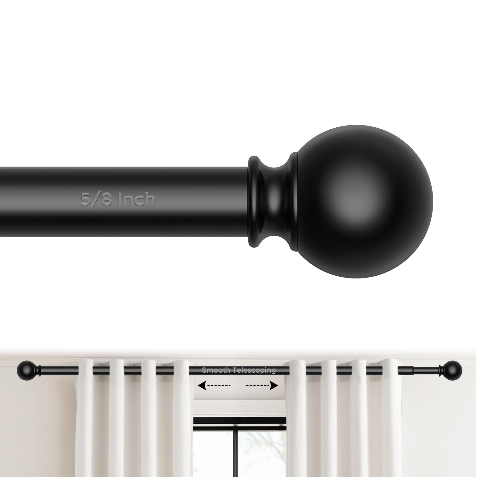 Curtain Rod for Windows 18-45 Inch, Black 5/8 Inch Small Window Treatment Rods, Short Adjustable Splicing Drapery pole, Matte Black