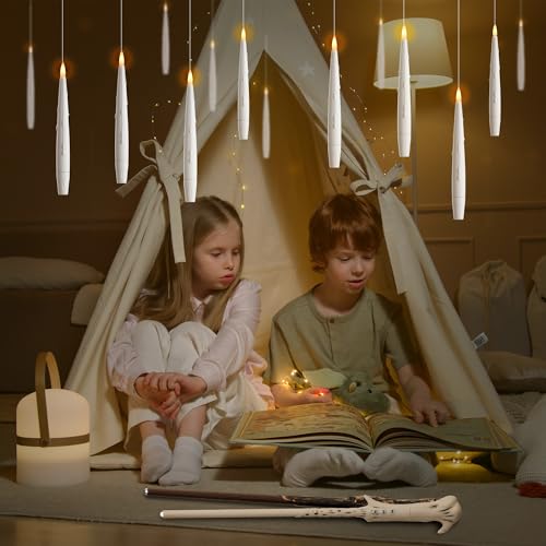 AFINETH Floating Candles with Wand, Magic Hanging Candles 20 Pack, Flickering Flameless Floating LED Candles, White Battery Operated Window Taper Candles for Halloween Christmas Birthday Party Decor