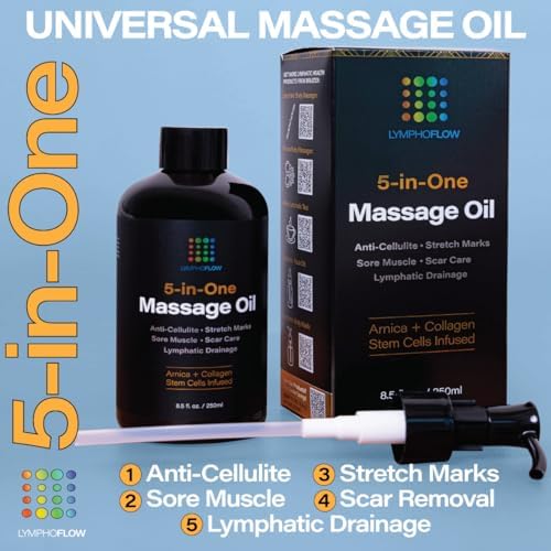 Anti Cellulite Massage Oil with Collagen Stem Cells, Arnica Oil for Lymphatic Drainage, Pain Relief, Sore Muscle, Stretch Marks, Scar and Keloid Removal, Piercing Care, Massager Tool, 8.5 Fl Oz