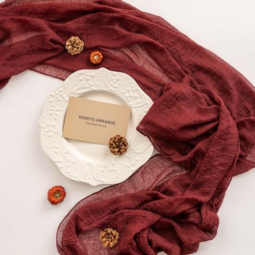 Keketo Christmas Burgundy Cheesecloth Table Runner Gauze 120 Inch 10 FT Rustic Boho Cheese Cloth Runner for Wedding Baby Shower Bridal Shower Engagement Birthday Party Long Sheer Home Decorations
