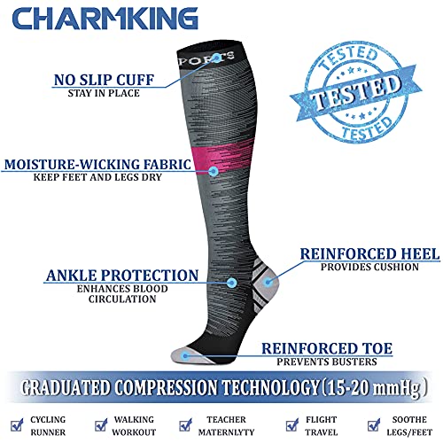 CHARMKING Compression Socks for Women & Men (8 Pairs) 15-20 mmHg Graduated Copper Support Socks are Best for Pregnant, Nurses - Boost Performance, Circulation, Knee High & Wide Calf (S/M, Multi 19)