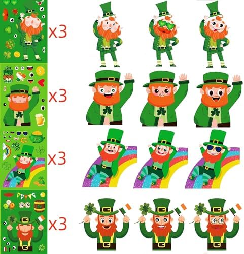 36 Sheets St Patricks Day Stickers, Saint Patricks Make A Face Stickers, Make Your Own St Patricks Day Decorations Accessories for Kids Adults Irish Party Favor Supplies