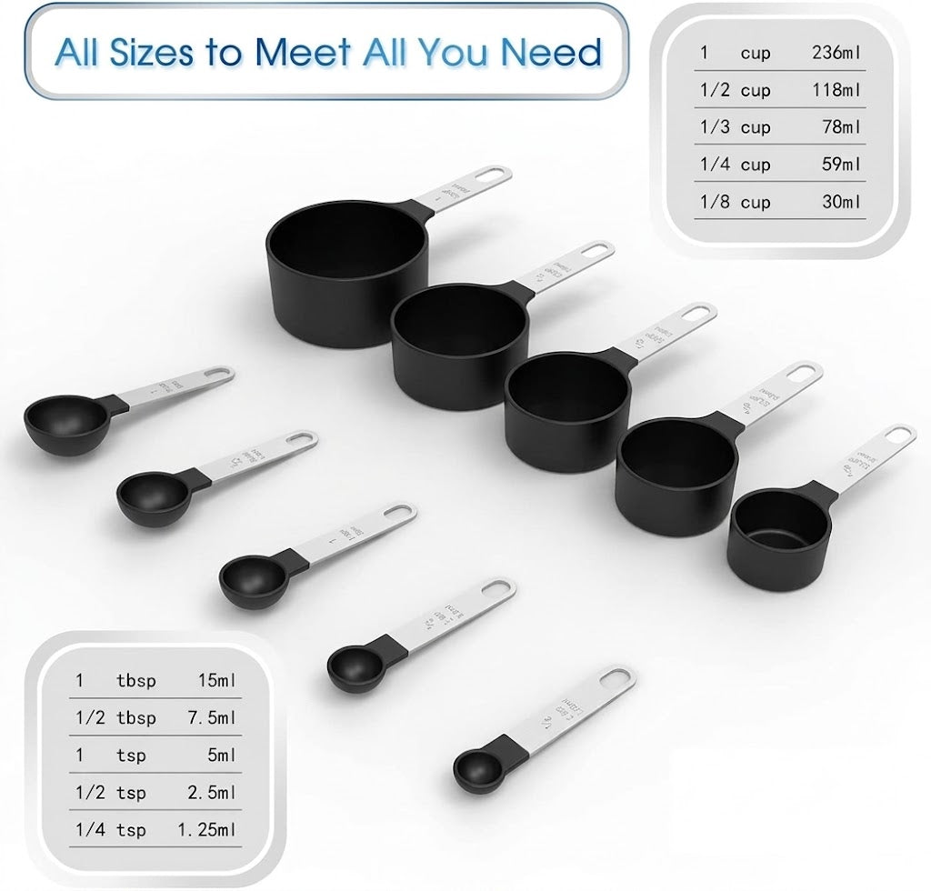 Measuring Cups & Spoons Set, Stackable Cups and Spoons, Nesting Measure Cups with Stainless Steel Handle, Kitchen Gadgets for Cooking & Baking (Black)