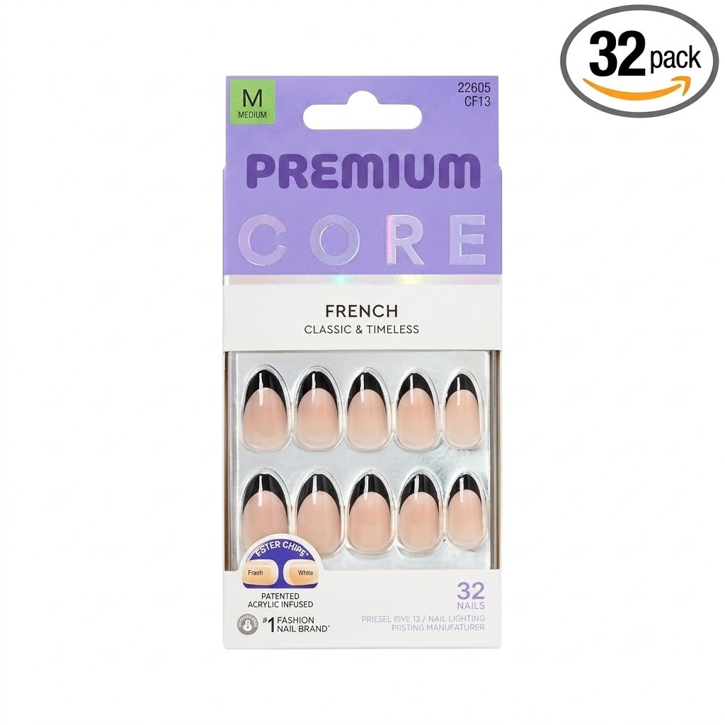 Core, Press On Nails, Nail glue included, 'Full of Fun', Black, Medium Size, Almond Shape, Includes 32 Nails, 2g Glue, 1 Manicure Stick, 1 Mini File