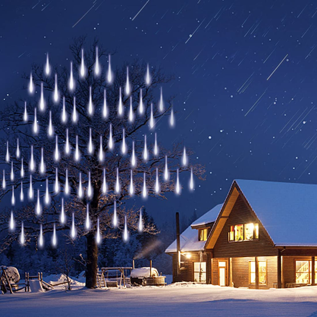 Adecorty Christmas Lights Outdoor, Meteor Shower Lights 8 Tubes 192LED UL Certified Snow Falling Rain Cascading Icicle Lights for Xmas Tree Christmas Decorations Outdoor Wedding Party Window, White