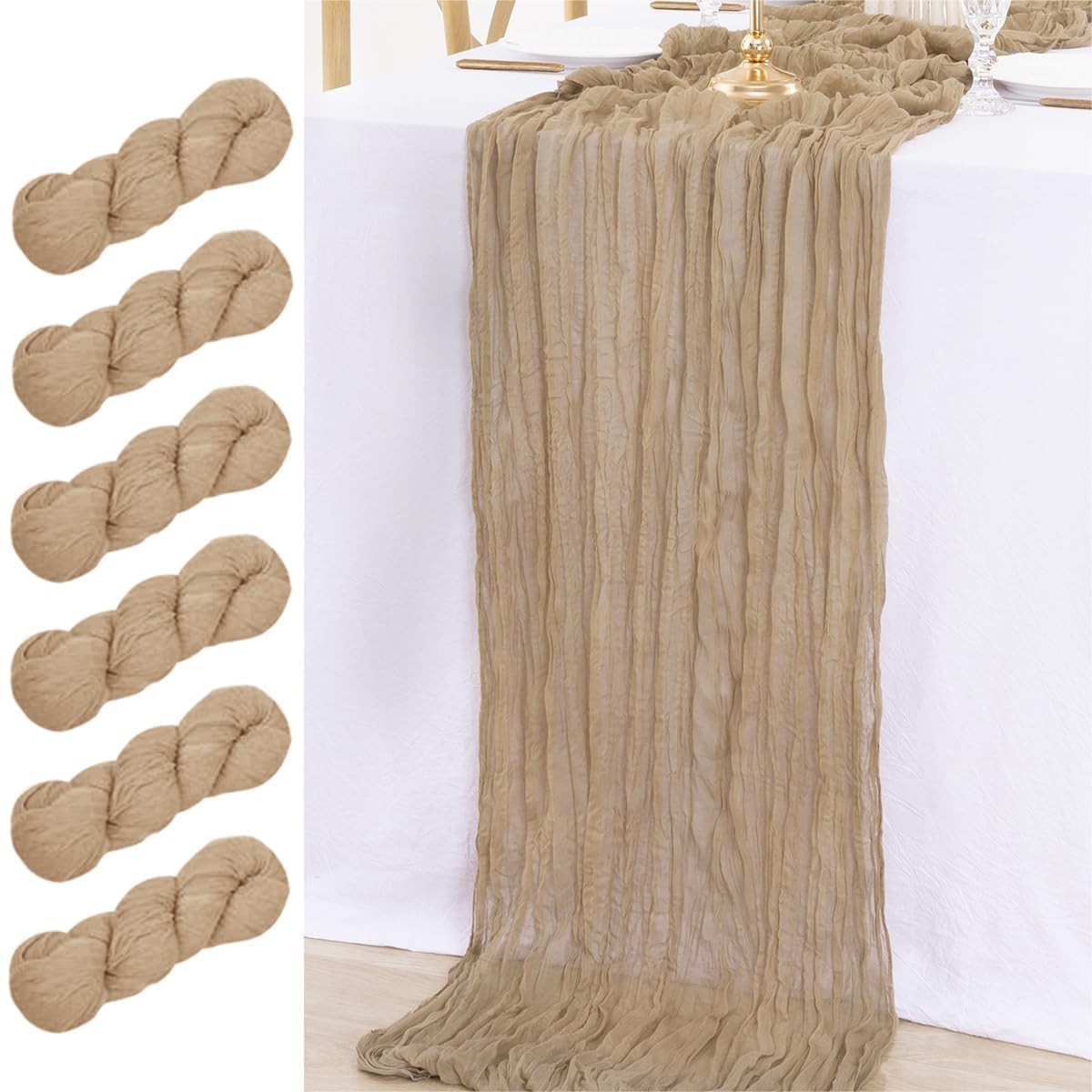 MLMW Fall Thanksgiving Table Runner Tan Cheesecloth Table Runner 13.3ft 6 Pack Nude Cheese Cloth Table Runner 160 inch Boho Rustic Gauze Table Runner for Wedding Party Fall Decor