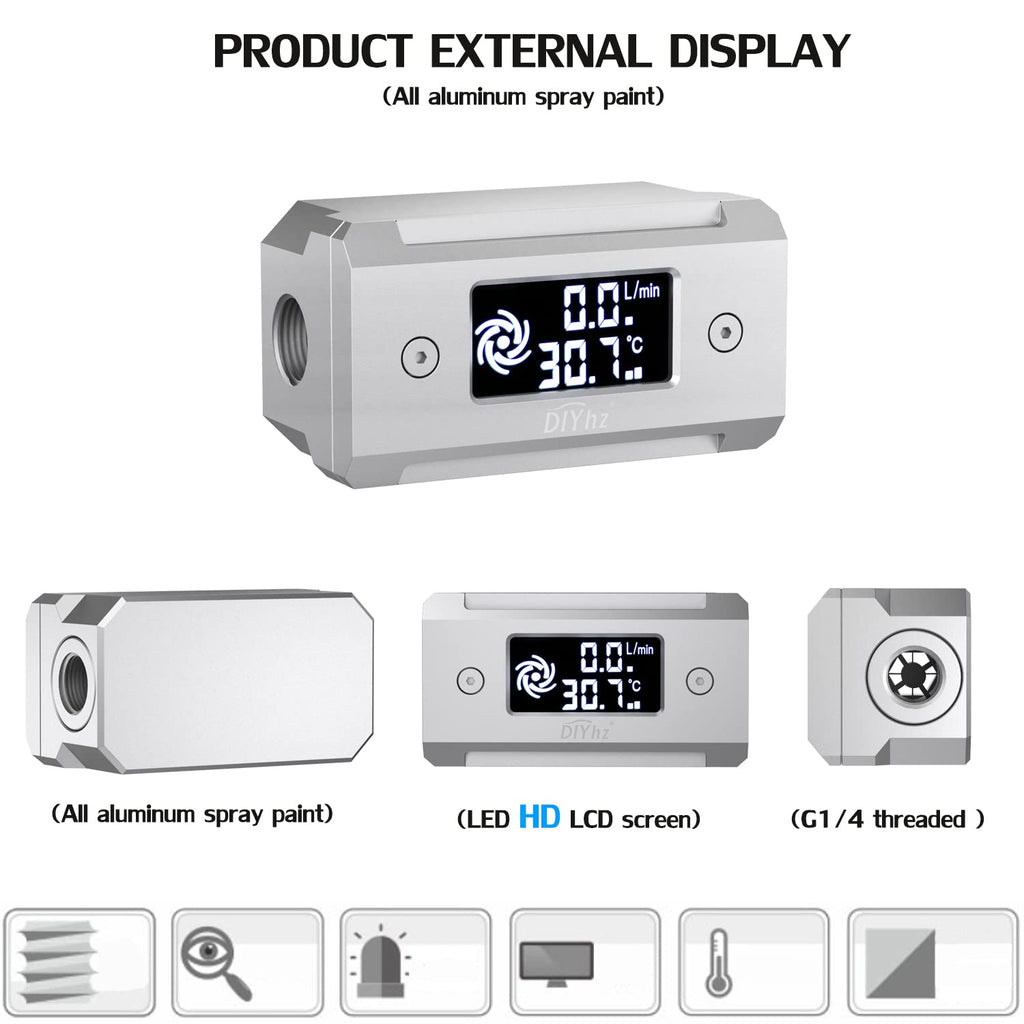 DIYhz G1/4 aluminum alloy shell LCD displaydigital display flow thermometer temperature indicator CPU temperature monitor Silver