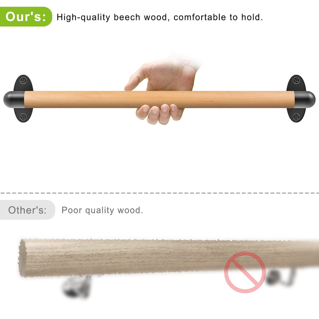 SELEWARE 16 Inch Wood Handrail Indoor Stairs Handrail Wall Mount Handrail w/Sturdy Metal Barckets, Barrier-Free Staircase Grab Bar for Elderly, 1.3 Inch Round