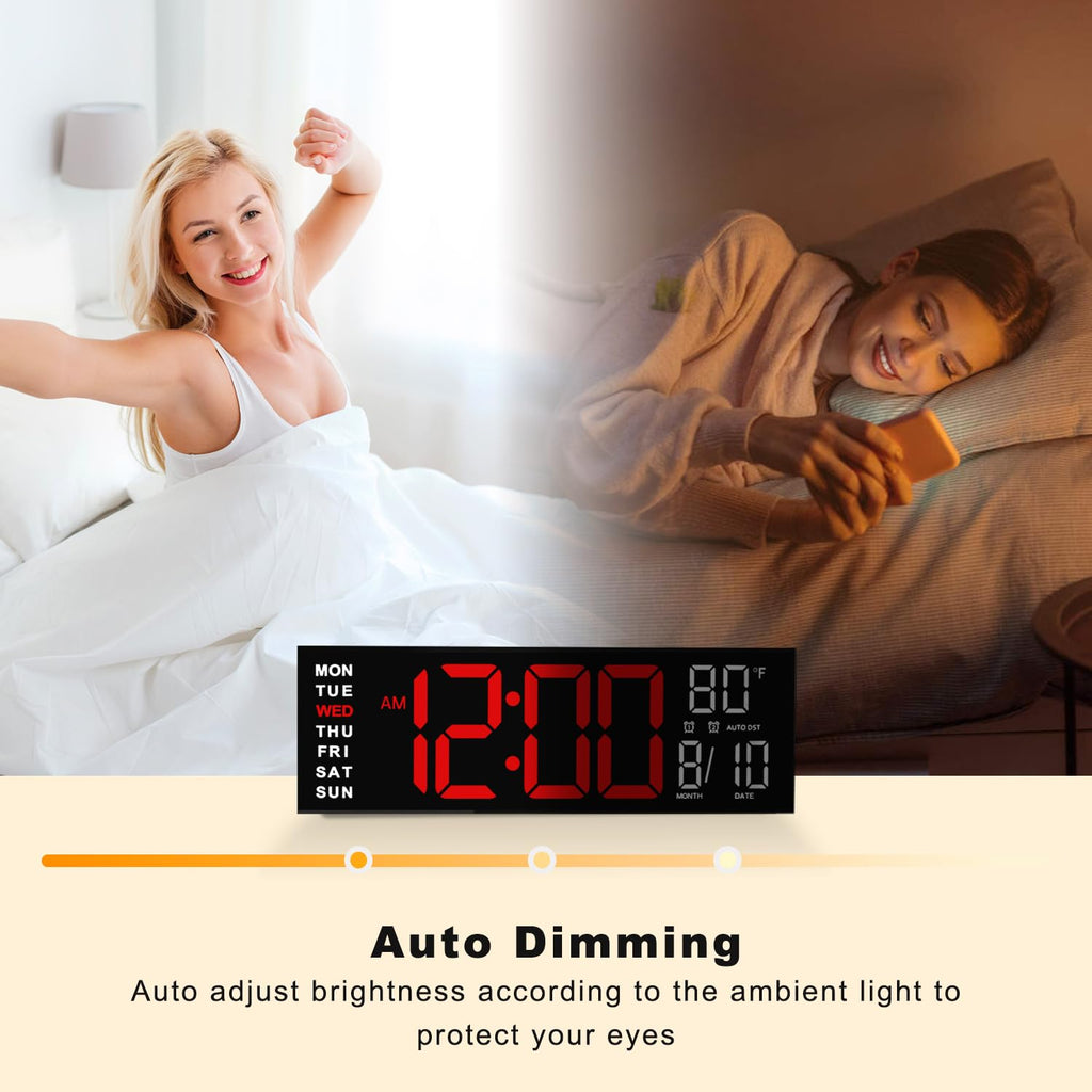 JALL 16" Large Digital Wall Clock Timer, Remote Controll, 2 Alarms, LED Display, 8 RGB Color, Auto DST, Temperature for Living Room, Bedroom, Desk, Mounted, Gift for Elderly (Red White, 16 inches)