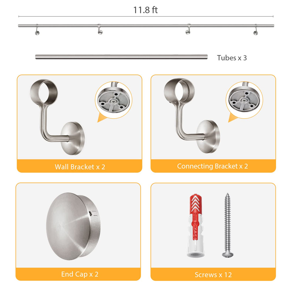 ROTHLEY Metal Stair Railing Handrail: 11.8FT Stainless Steel Hand Railings for Stairs Outdoor Indoor Wall Mount Stair Handrail Complete Kit 1.6" Round Hand Rail for Elderly & Kids (Brushed Finish)