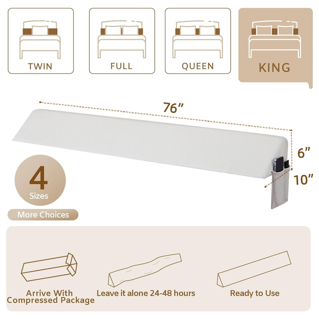 Bedluxe King Wedge Pillow Headboard, Bed Wedge Pillow for Headboard, Bed Gap Filler King - Fill The Gap (0-7")(Air-Layer White, 76"x10"x6")