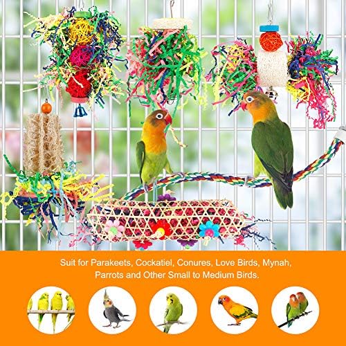 Bird Toys Bird Shredding Foraging Toys Parakeet Toy Chewing Hanging Toy Bird Shredded Paper Bird Cage Accessories Bird Rope Perch for Conure Cockatiel Budgies Lovebird Parrotlet (with Rope Perch)