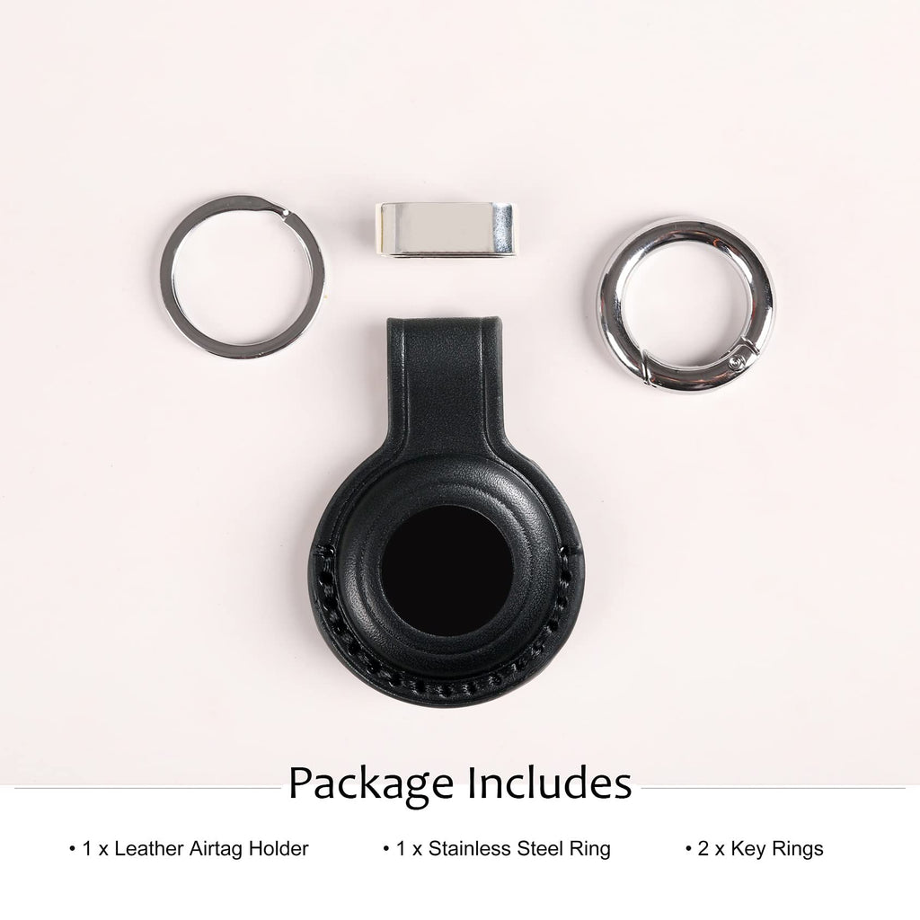 KEEPXYZ Genuine Leather Airtag Holder Suitable for Apple Airtag Keychain Leather, Secure Air Tag Holder with Stainless Steel Ring Lock, Durable Airtag Case Cover Key Ring - Black V2.0 (Hole)