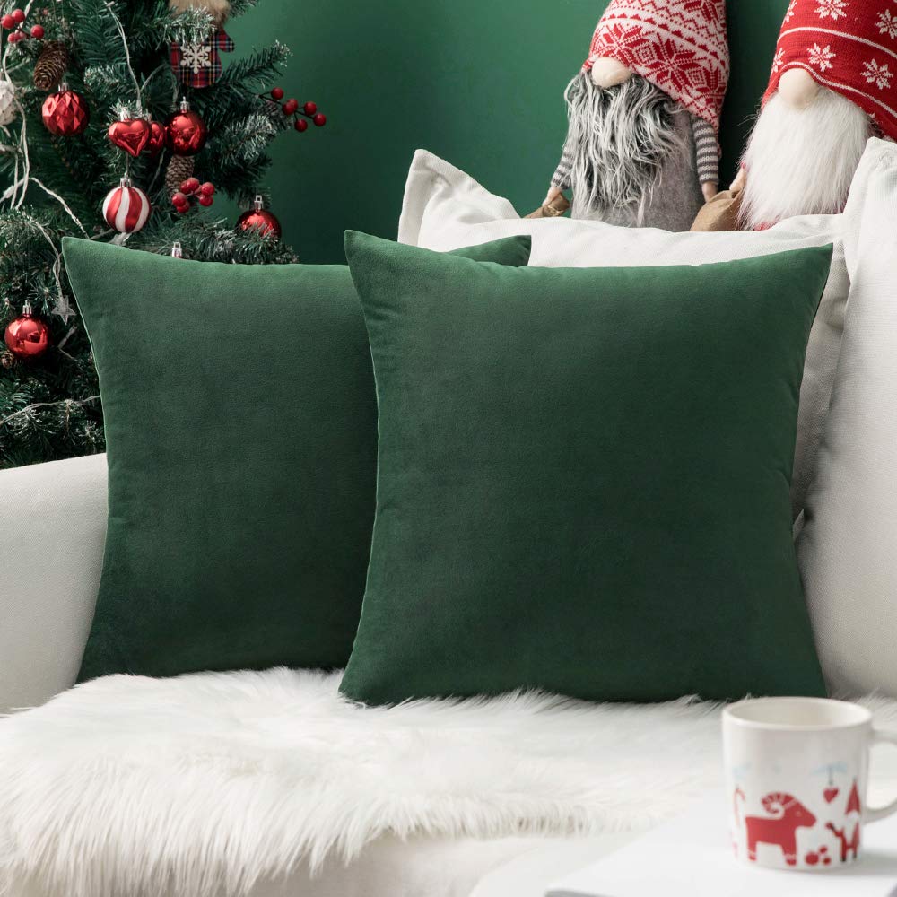 MIULEE Pack of 2 Velvet Soft Solid Decorative Square Throw Pillow Covers Set Christmas Cushion Case for Spring Decor Sofa Bedroom Car 16x16 Inch 40x40 Cm Army Green