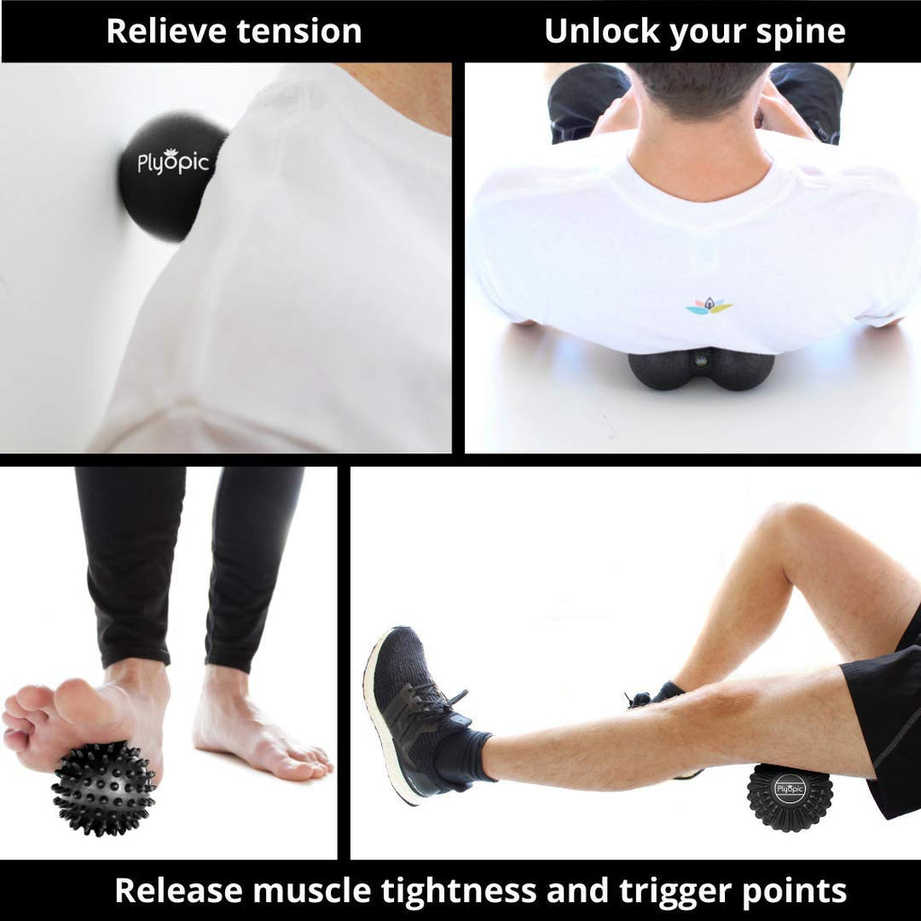 Plyopic Deep Tissue Massage Ball Set – Set of 4: Lacrosse, Spiky, Peanut and 5” Foam Roller Massager Balls | for Muscle Massage, Mobility, Trigger Points and Myofascial Release