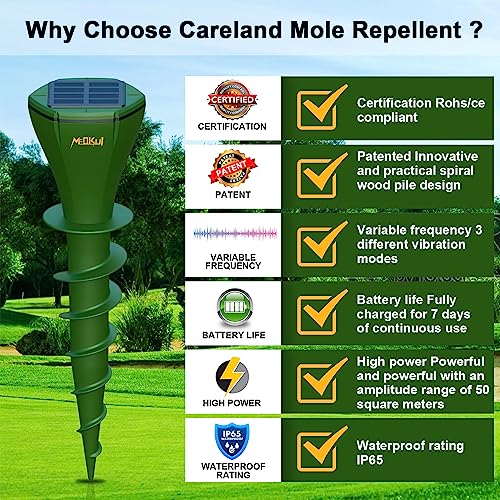 Meokui Mole Repellent Solar Powered Noiseless Deterrent Vibrating Stake, Outdoor Waterproof Mouse Repeller, Armadillo Insect Repellent, Gopher Stake to Repel Snakes, Groundhogs, for Yard Lawn (4 pack)