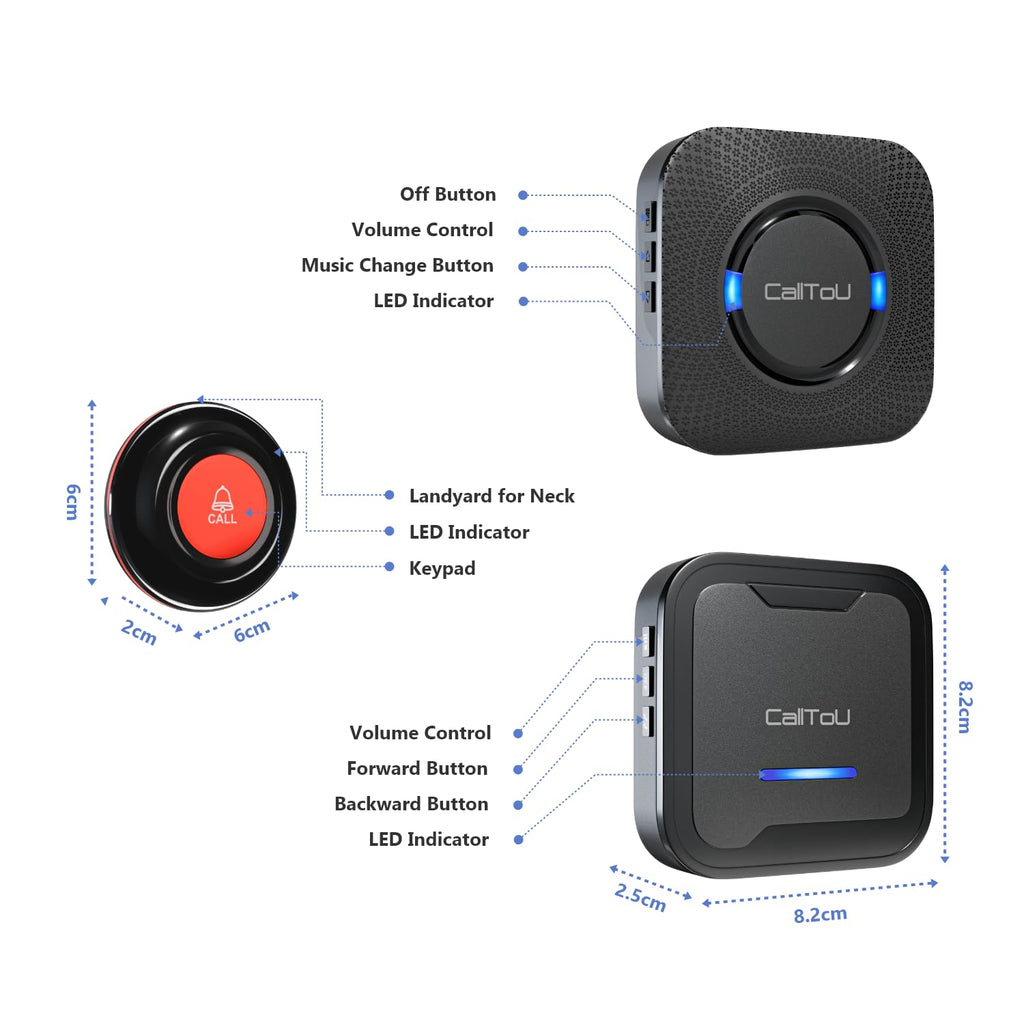 CallToU Wireless Caregiver Pager Call Button Nurse Calling Alert System Call Bell Elderly Patient Disabled with 2 Transmitters 1 Plug-in Receiver 1 Battery Portable Receiver