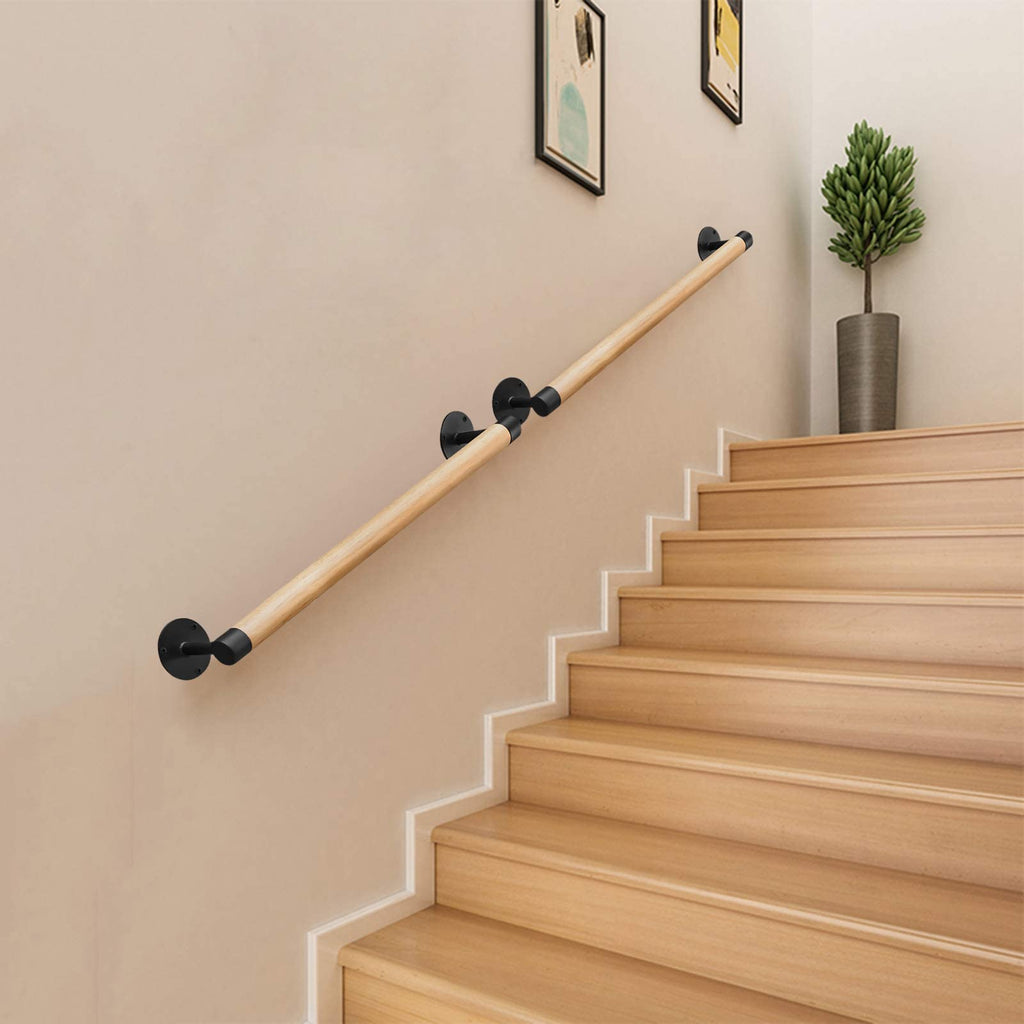Purife 2ft Wood Stair Railing Indoor - Wooden Staircase Handrail W/s Black Sturdy Metal Brackets, Banister Railing for Stairway, Safety Grab Bars for Senior, Elderly & Kids