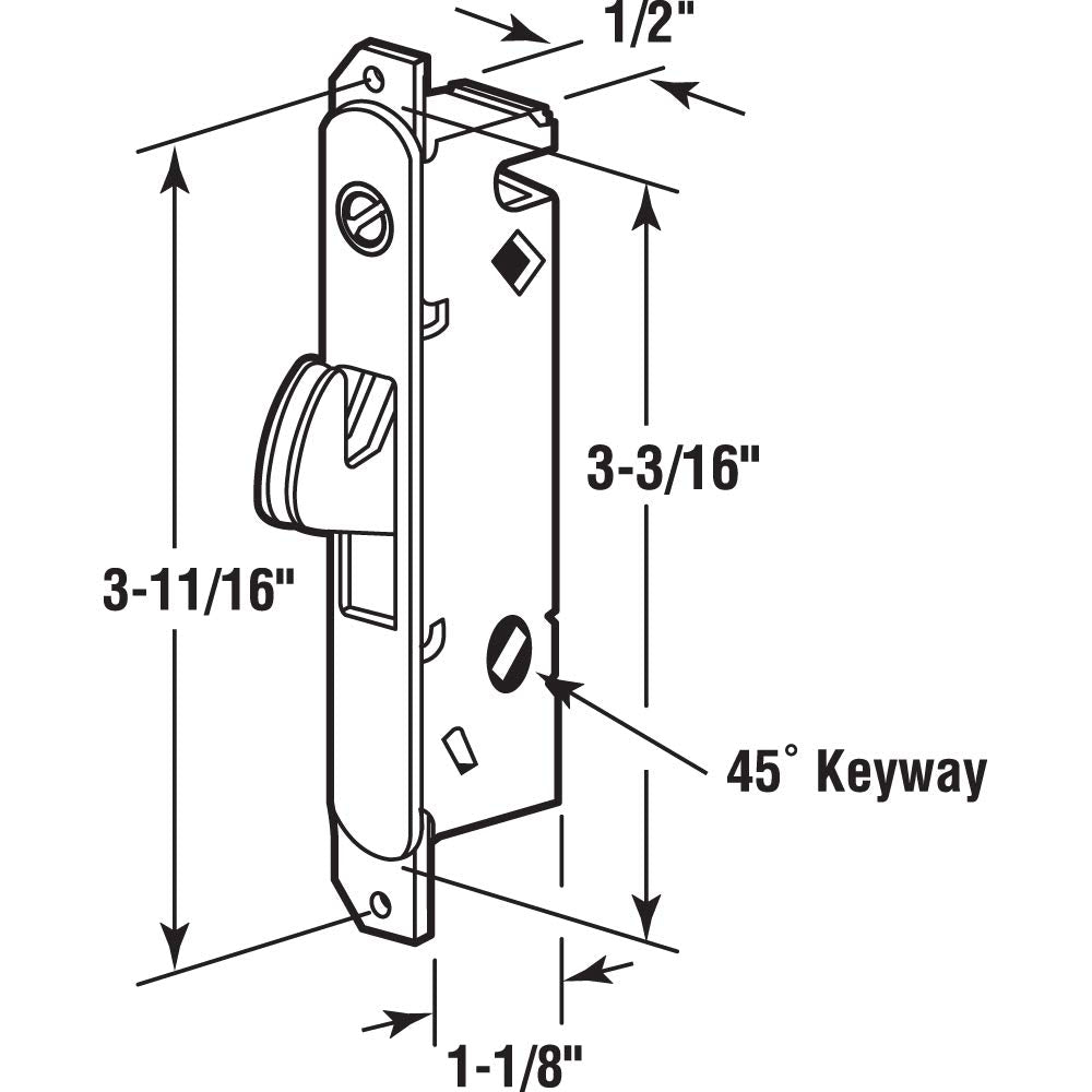 Prime-Line E 2014 Stainless Steel Mortise Lock for Patio Sliding Doors Constructed of Wood, Aluminum, and Vinyl, 3-11/16 Inch, 45 Degree Keyway, Silver, Set of 1