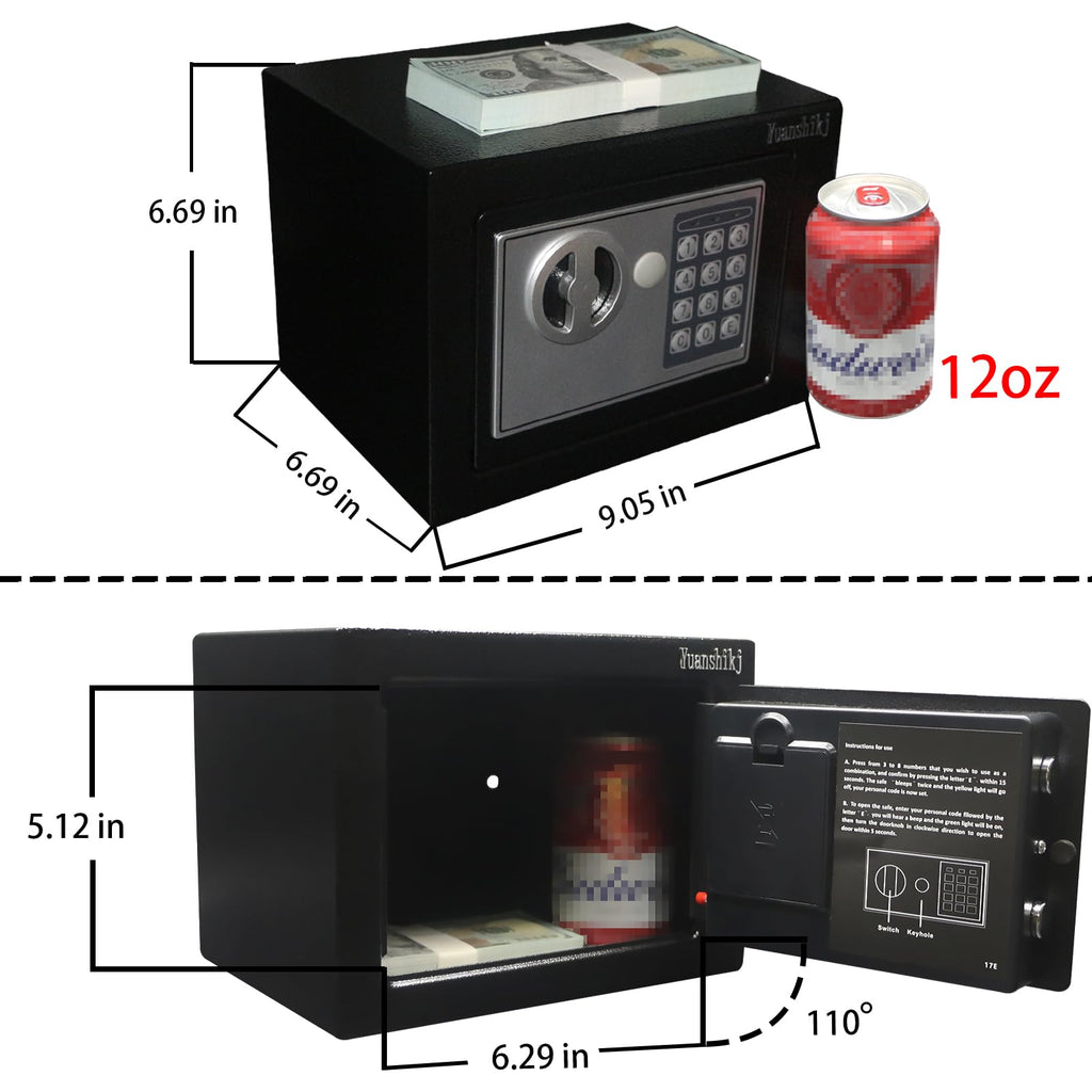 Yuanshikj Safe Box with Electronic Keypad, Small Hidden Steel Security Lock Box with Key, 0.23 Cubic Feet, 9.05" W x 6.69" D x 6.69" H, for Jewelry Gun Cash Use Storage money (BLACK)