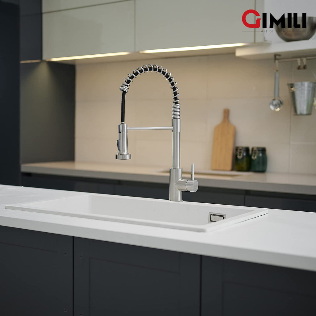 GIMILI Kitchen Faucet with Pull Down Sprayer Single Hole Stainless Steel Sink Faucet, Suitable for Farmhouses, RV, Laundry Room, Outdoor, and Campers. Llave para fregadero de cocina Brushed Nickel