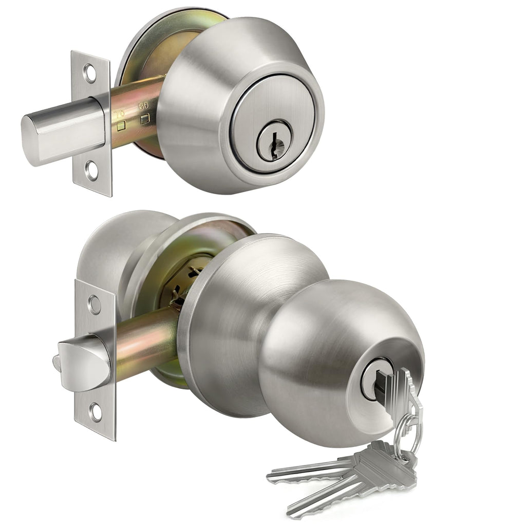 BESTTEN Keyed Same Exterior Door Knob and Single Cylinder Deadbolt Combo Set, Keyed Alike Entry Door Knobs with Lock and Keys for Entrance and Front Door, Satin Nickel