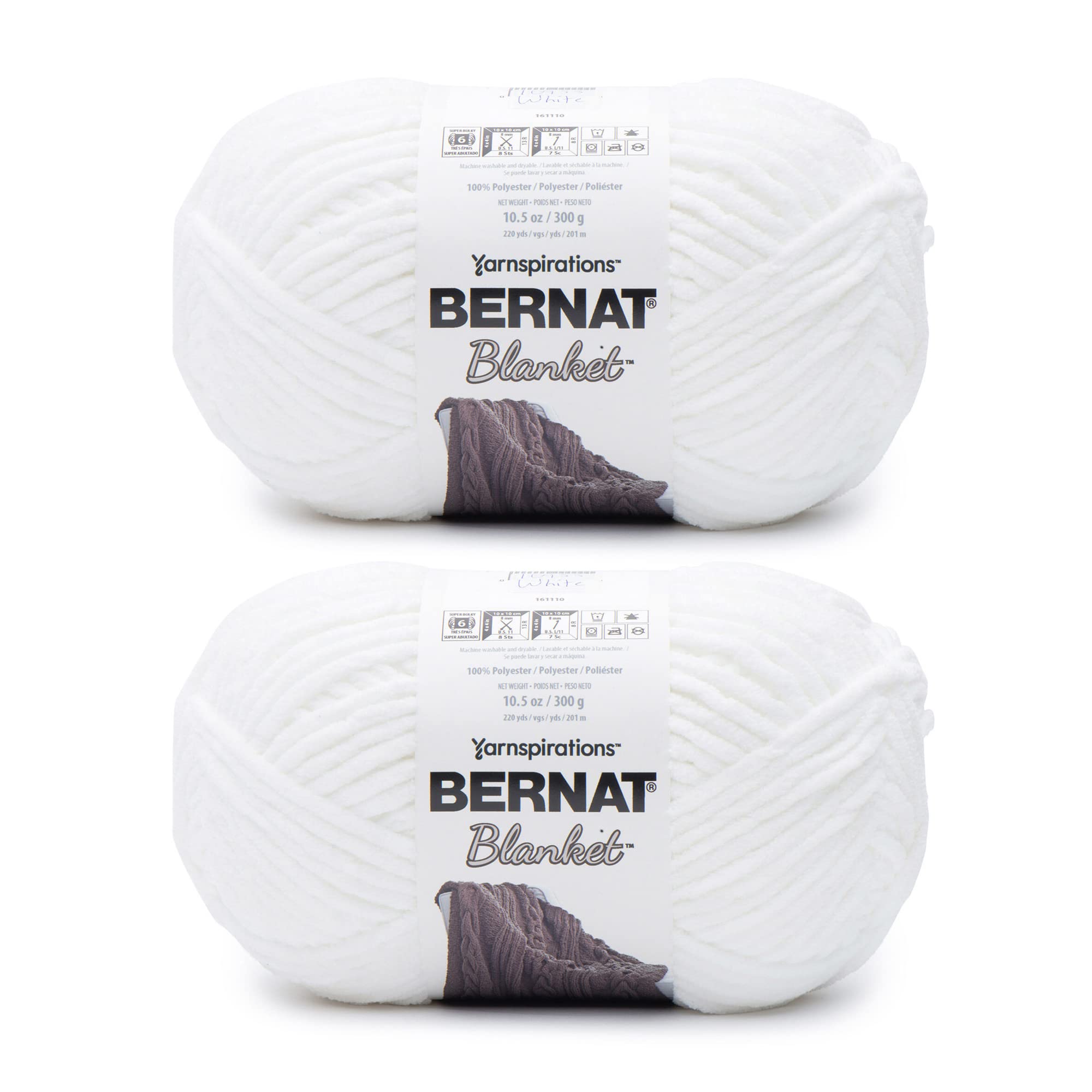 Bernat Blanket White Yarn - 2 Pack of 10.5oz/300g - Polyester - 6 Super Bulky - 220 Yards - Knitting/Crochet