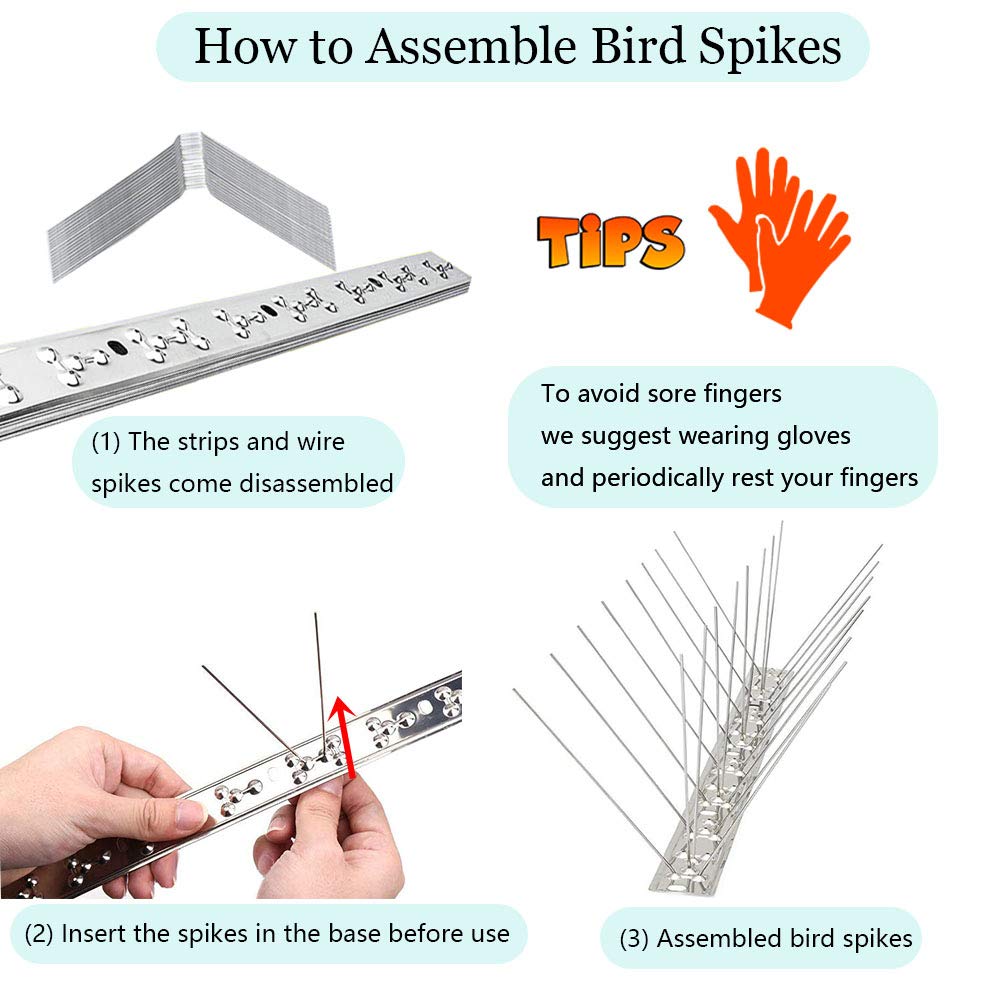 PANGCH Bird Spikes for Pigeons Small Birds,Stainless Steel Bird Spikes -No More Bird Nests & Poop-Disassembled Spikes 185 Strips 200.29 Feet Coverage