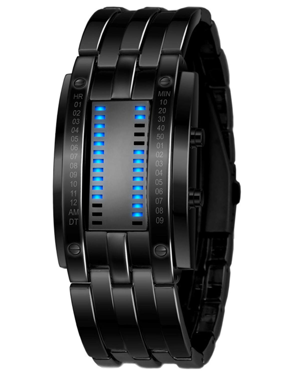 Fashion Mens Binary Sports Watch Digital LED Matrix Waterproof Outdoor Casual Black Bracelet Blue Backlit Men's Square Watch (Black)