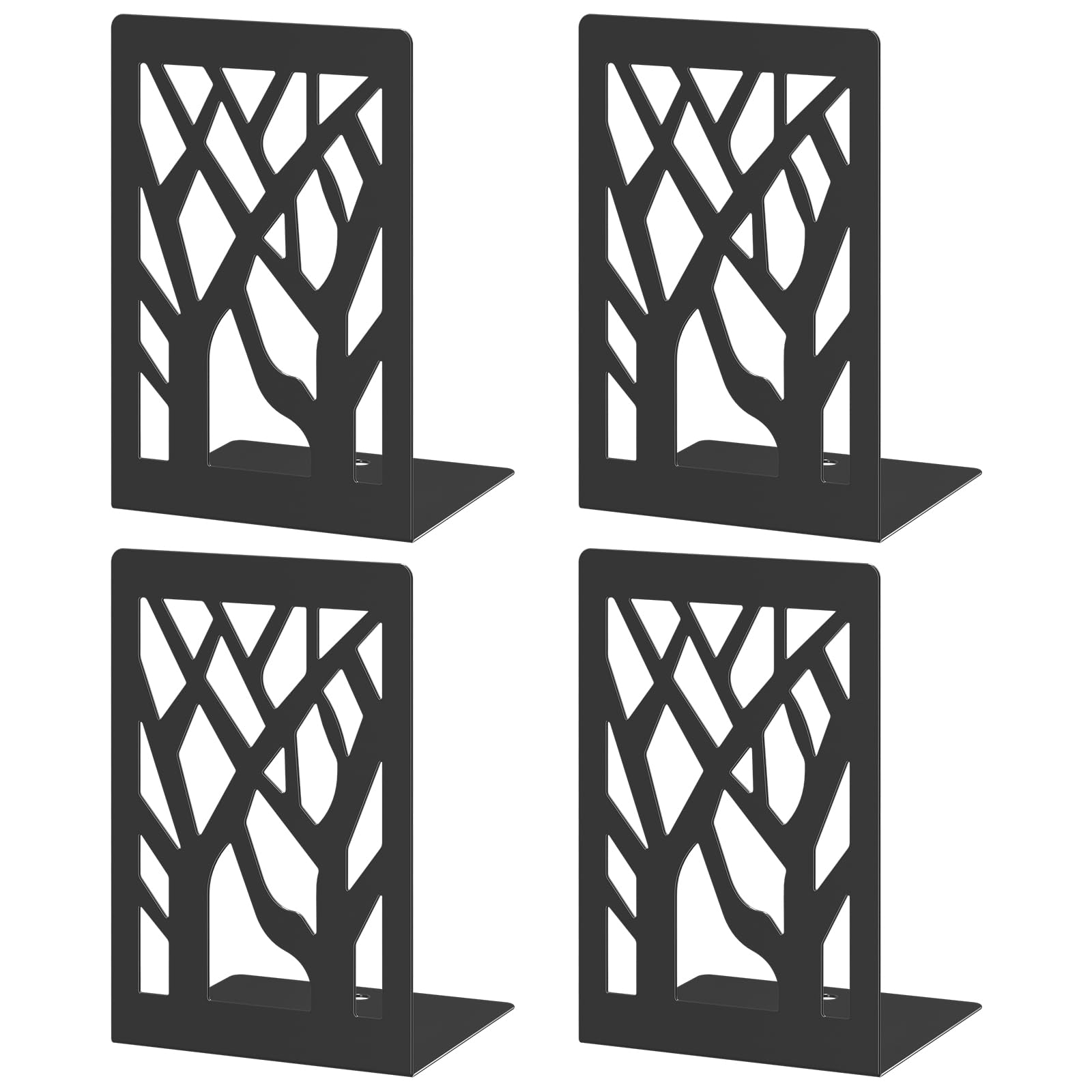 4-Piece Modern Metal Bookends for Shelves, Black Tree Book Ends for Books, Decorative Book Organizer for Desk, Non-Skid Shelve Bookends for Home Office