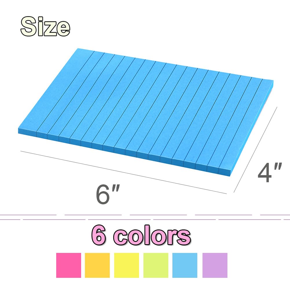 (12 Pack) Lined Sticky Notes 4x6 in,Large Notepads with Lines,Ruled Stickies Super Sticking Power,Office School Memo Note Pads Bright Colors,Post on Windows Doors,Recyclable,Easy to Write on