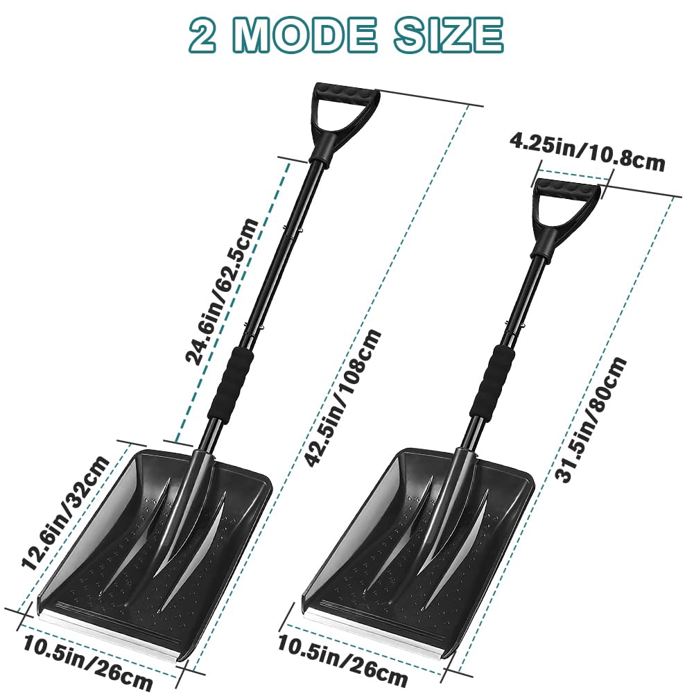 Snow Shovel for Car Driveway - 4 in 1 Survival Shovel with Aluminum Handle and Wide Ice Scrape, Lightweight Sport Utility Detachable Shovel for Garden, Car, Camping