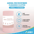 AIDEA Microfiber Cleaning Cloth Roll Pink-75PK, Microfiber Towels for Cars, Commercial Shop Rags, Tear Away Reusable Paper Towels, Lint-Free Cleaning Rags for House, Kitchen, Garage Shop-11.5"×11.5"
