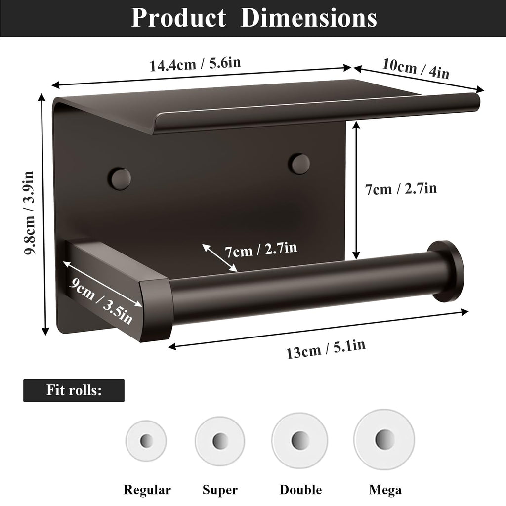 Tindbea Toilet Paper Holder with Phone Shelf, Adhesive or Screw Wall Mount Toilet Tissue Roll Holder, Rustproof & Multifunctional Stainless Steel Bathroom Storage Dispenser (Bronze)