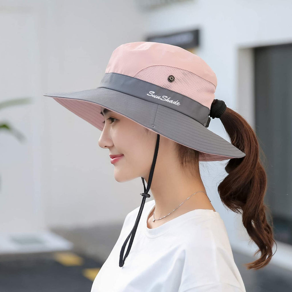 1 Pack Women's Ponytail Safari Sun Hat,Wide Brim UV Protection Outdoor Bucket Hat,Foldable Beach Summer Fishing Hat