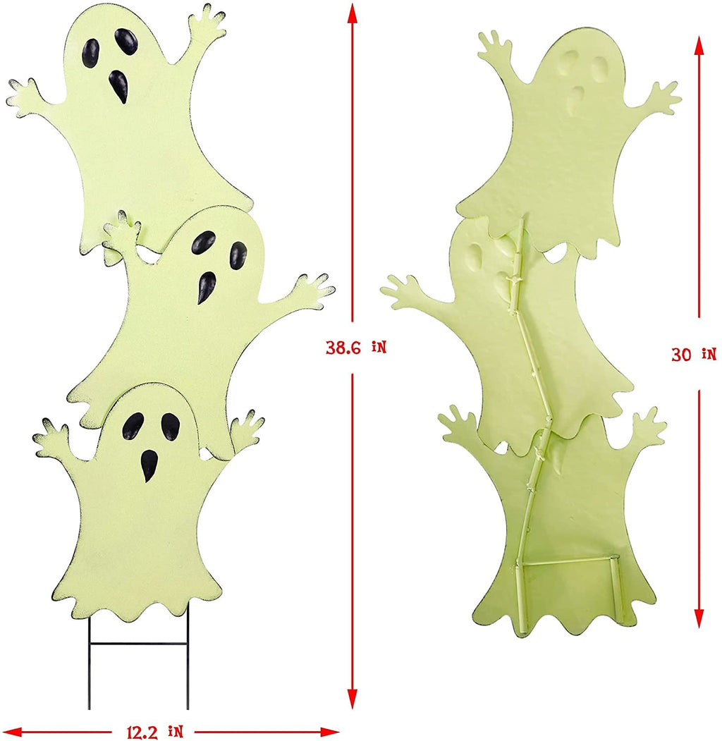 Joliyoou Halloween Yard Stake, 38.6" Glow in The Dark Metal Stacked Ghost with Green Fluorescent Layer, Halloween Yard Sign Stakes for Outdoor Front Yard Lawn Garden Decorations