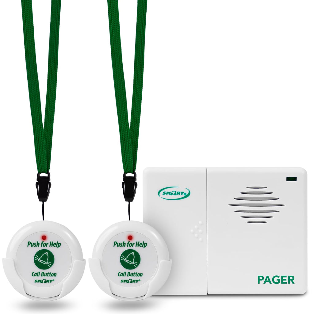 Smart Caregiver Two Call Buttons & Wireless Caregiver Pager for Fall Prevention and Elderly Assistance | Caregiver Call Button with Wearable Lanyard | Nurse Call Alert System with Up to 300' Range