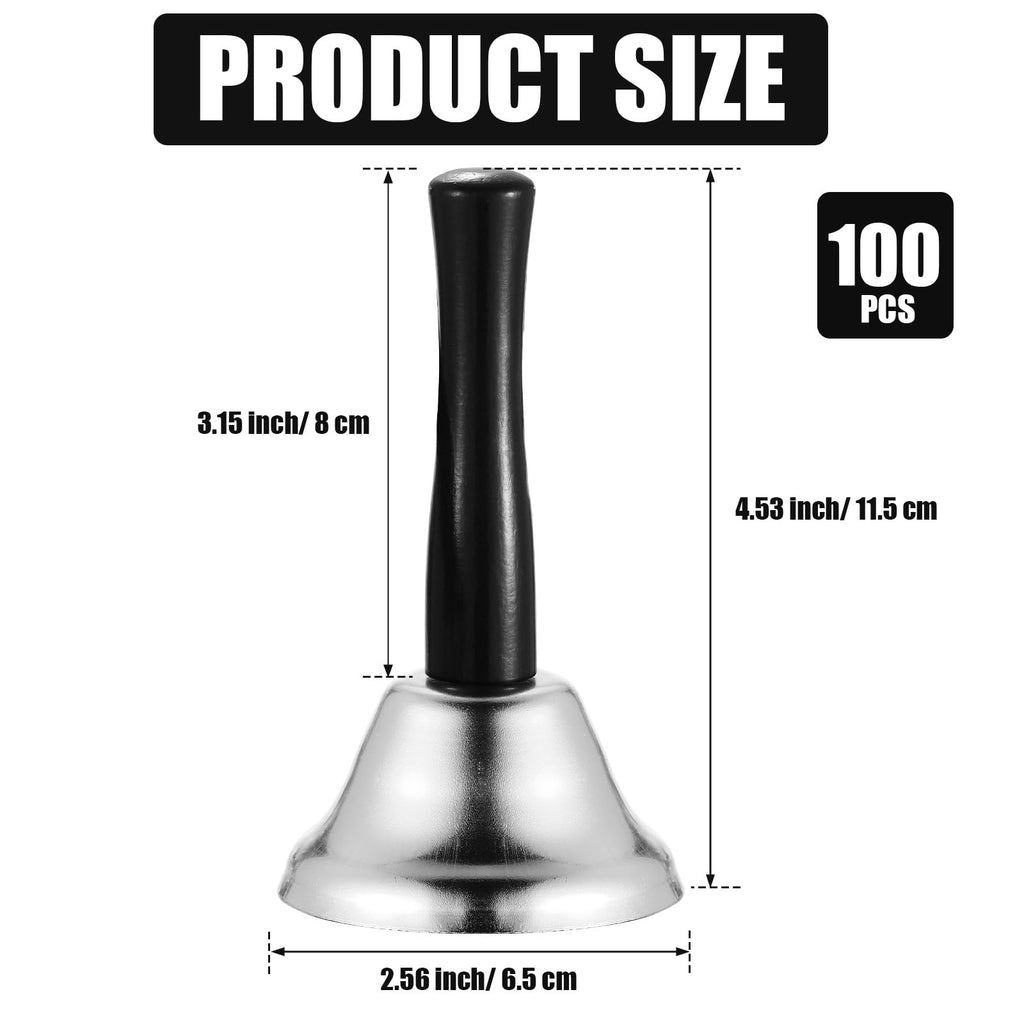 Fumete 100 Pcs Metal Ringing Bells Wedding Bells Dinner Service Call Bell Steel Handbells with Wooden Handle for Wedding Decors Schools Musical Percussion The Sick Elderly Alert(Silver)