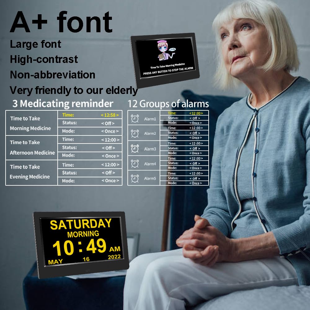 AINFTIME Digital Clock with Date and Day of Week for Elderly-12 Alarms Medication Reminder Dementia Alzheimers Clock Calendar with Extra Large Display (10.1 inch Black)