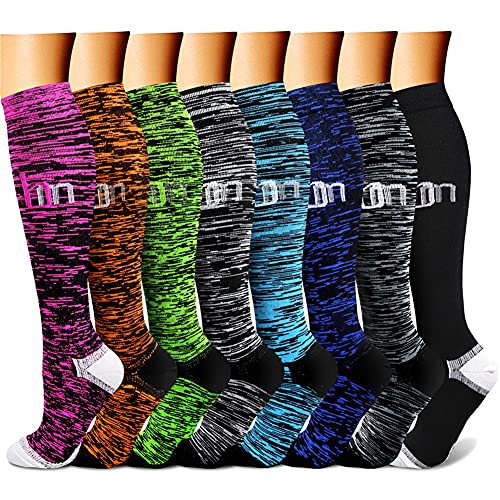 CHARMKING Compression Socks for Women & Men (8 Pairs) 15-20 mmHg Graduated Copper Support Socks are Best for Pregnant, Nurses - Boost Performance, Circulation, Knee High & Wide Calf (S/M, Multi 25)