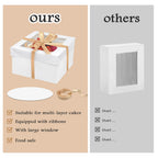 ZKKZOMA 12PCS 12x12x8 In Tall Cake Boxes with Cake Boards—(6 Cake Boxes with window & 6 Cake Borads & 70ft Silk Ribbon)Large Square Baking Boxes for Christmas,Birthday Party, Wedding, Valentine's Day