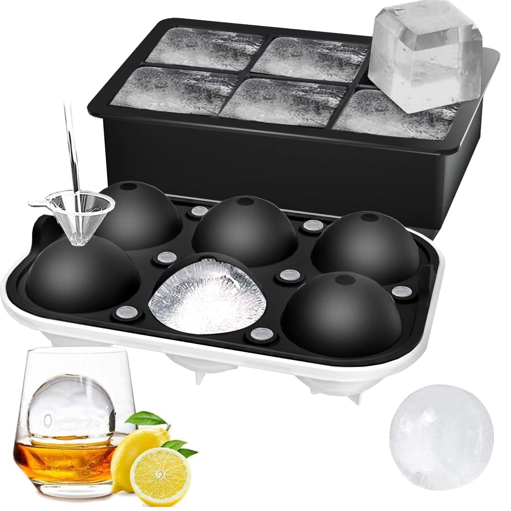 Ice Cube Trays (Set of 2), Sphere Ice Ball Maker with Lid & Large Square Ice Cube Maker for Whiskey, Cocktails and Homemade, Keep Drinks Chilled Black