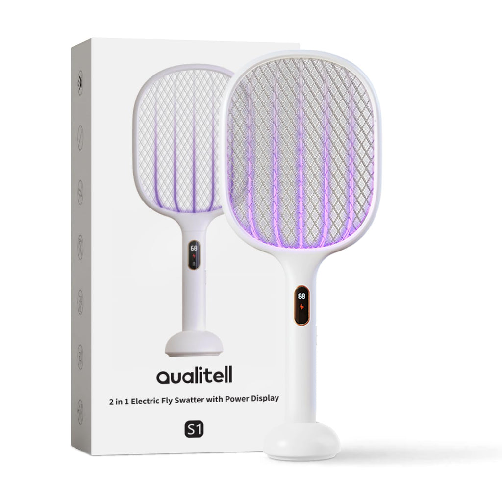 Qualitell Electric Fly Swatter Racket Rechargeable Handheld Bug Zapper 4000V with 2 Stand Base, Large Mosquito Killer with Power Display for Indoor Outdoor