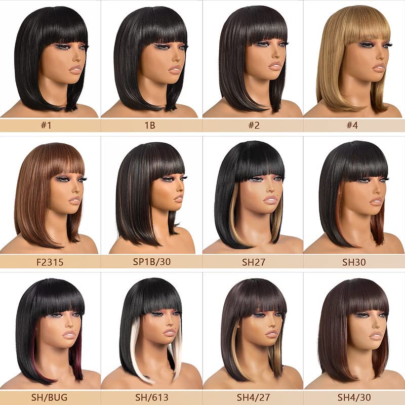 ToyoTress Black Bob Wigs With Bangs - 14 Inch Shoulder Length Light Yaki Straight Hair Daily Costume Wig For Black Women, Synthetic Hair Replacement Wigs Heat Resistant (14 Inch, 1B)