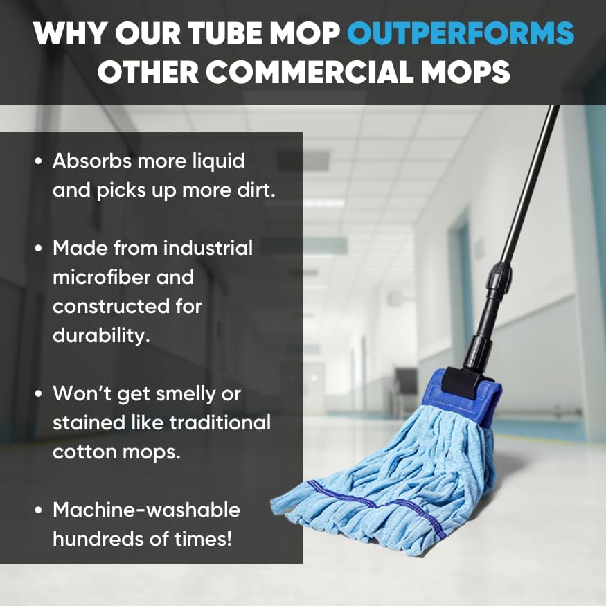 Commercial Mop Head Replacement – 1 Pack Blue Large Microfiber Tube Mop (18 oz.) | Industrial Wet Mops | Washable Refill, Reusable, Heavy Duty, Looped End Mopheads | Hardwood, Concrete