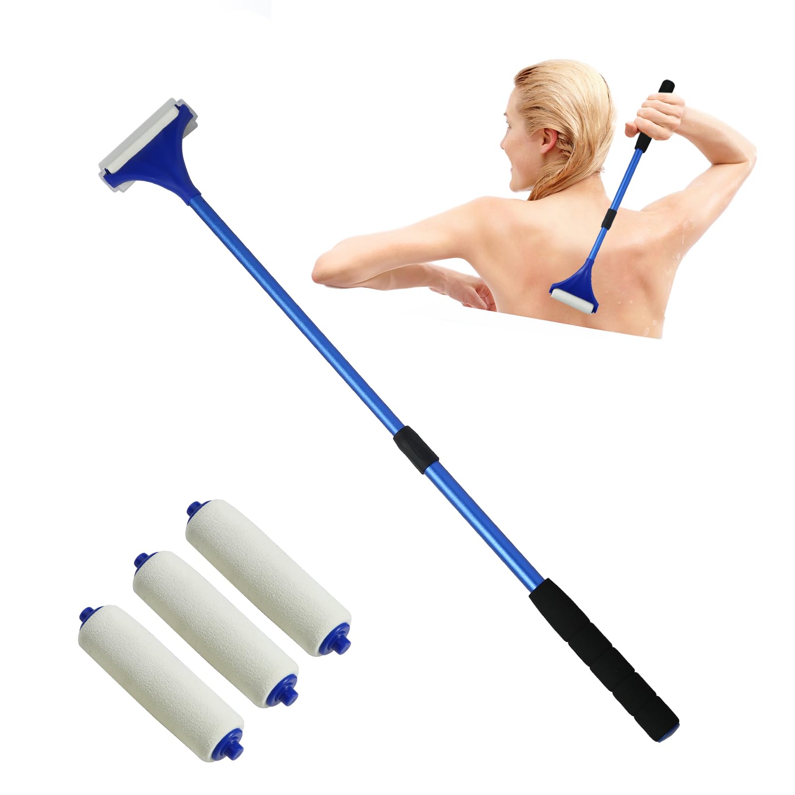 EASACE Smooth Reach Smaller Lotion Applicator for Back,Portable 21inch Lotion Applicator with Long Handle,Extension Back Applicator Lotion with 3 Replacement Roller for Back self(Blue)