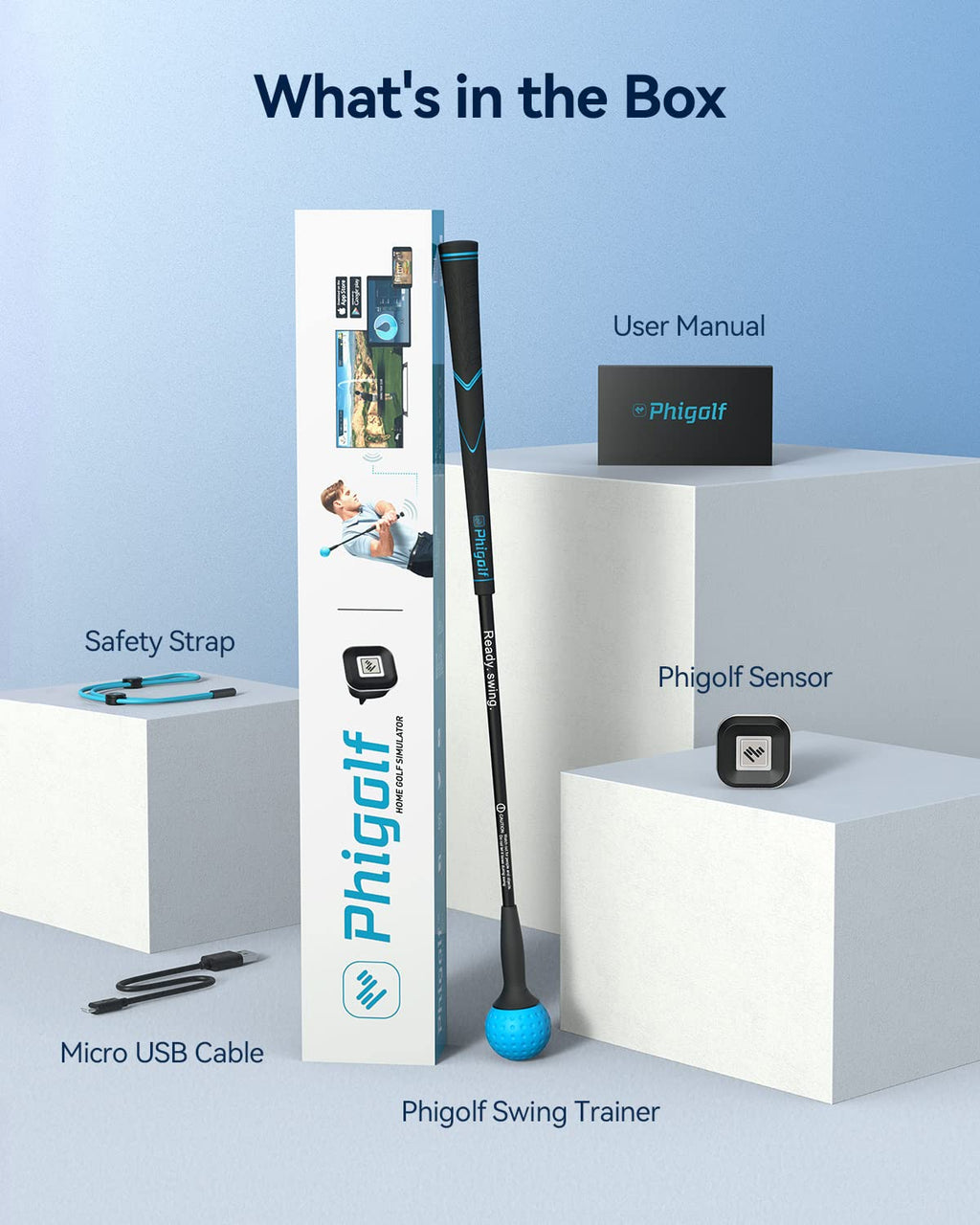 PHIGOLF Home Golf Simulator with Weighted Swing Stick, Indoor & Outdoor Use, Swing Trainer with Motion Sensor & 3D Swing Analysis, Supports Android and iOS Devices, Compatible with WGT & E6 Connect
