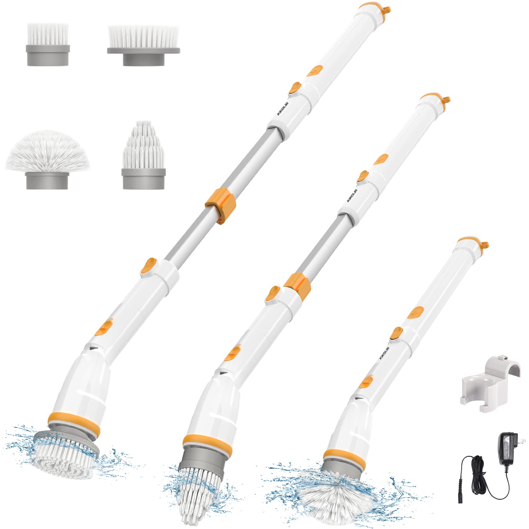 Electric Spin Scrubber, KIKOLIN 380RPM High Speed Power Scrubber, Cordless Cleaning Brush 2 Speeds for Bathroom, Tub, Shower, Floor with 4 Replaceable Brush Heads and Adjustable Extension Long Handle