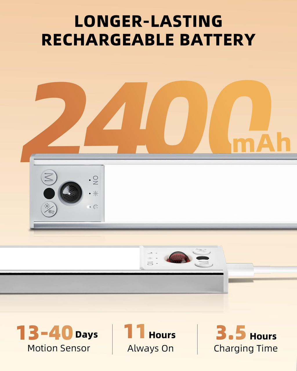 10inch Under Cabinet Lighting, LED Motion Sensor Light Indoor, 2400mAh USB Rechargeable Closet Lights, Dimmable & Magnetic Wireless Under Counter Lights for Kitchen, Pantry, Stairs (2 Pack)