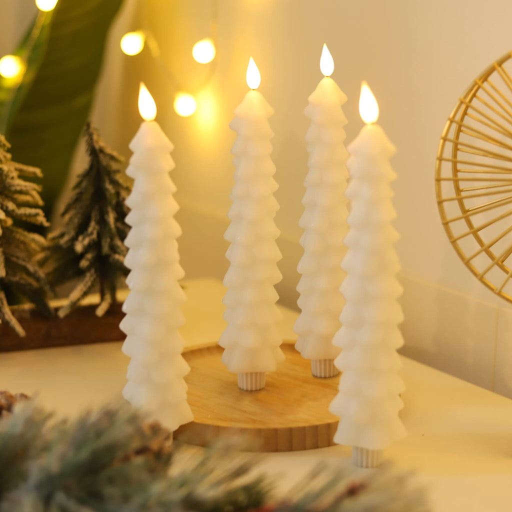 Fo32won Snowy White LED Flameless Taper Candles Battery Operated with Remote and Timer, Set of 4 Christmas Real Wax Window Candlesticks with 3D Flame Wick, 10 Inches Flickering Christmas Candlesticks